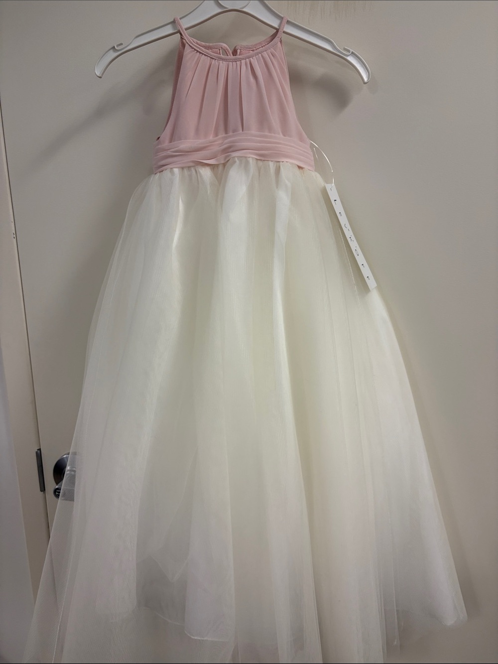 Bill Levkoff Pink and Ivory Tulle Halter Flower Girl Dress